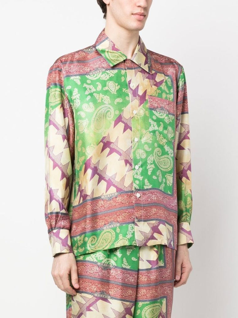 Green and Pink Scarf Print Silk Shirt