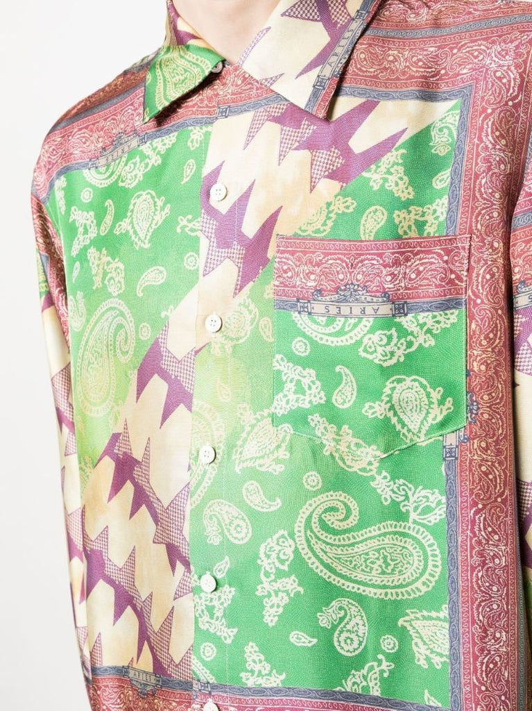 Green and Pink Scarf Print Silk Shirt