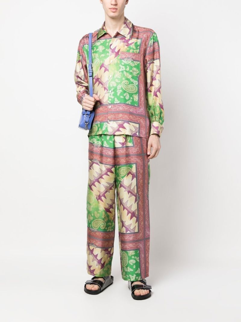 Green and Pink Scarf Print Silk Shirt