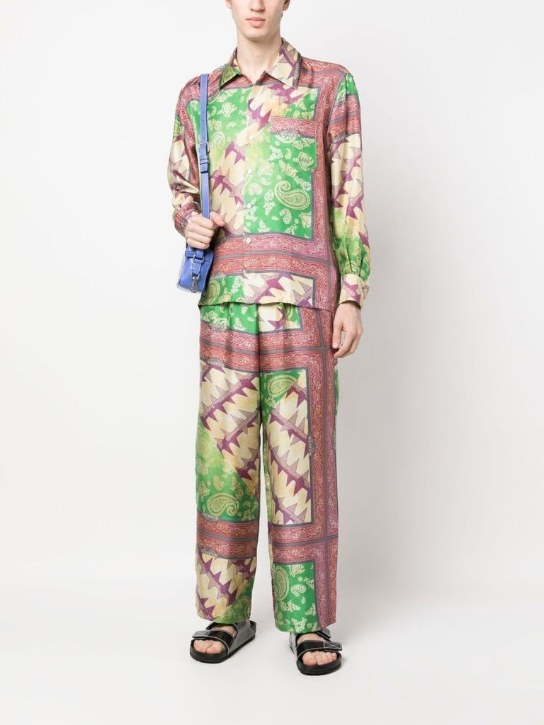 Green and Pink Scarf Print Silk Shirt