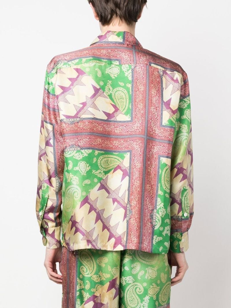 Green and Pink Scarf Print Silk Shirt
