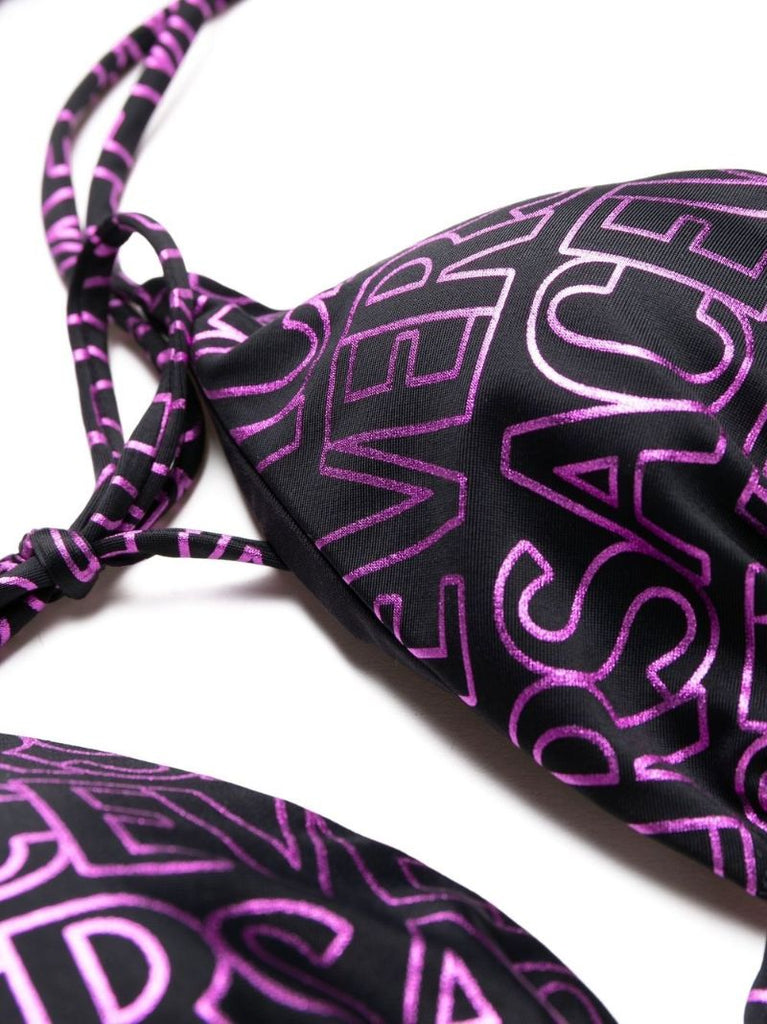 Black Logo Print Bikini Top