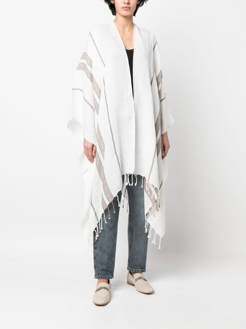White Striped Fringed Poncho