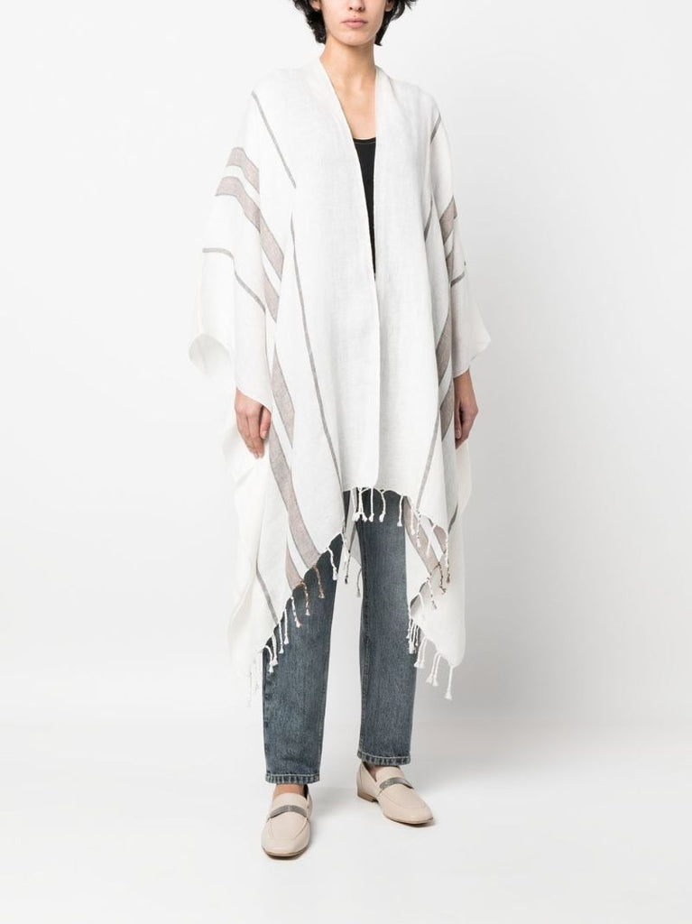 White Striped Fringed Poncho