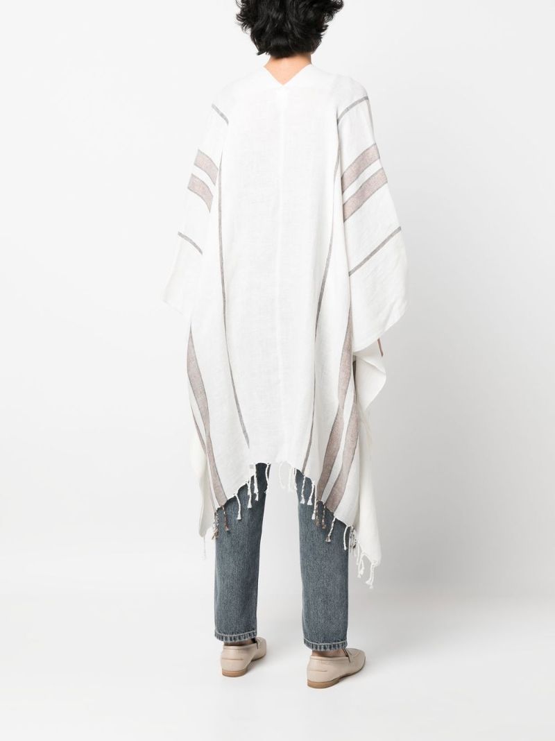White Striped Fringed Poncho