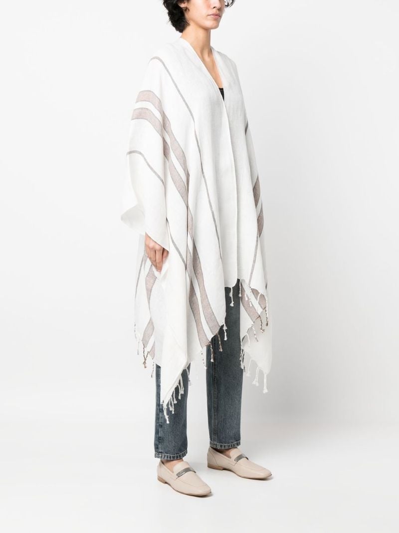 White Striped Fringed Poncho