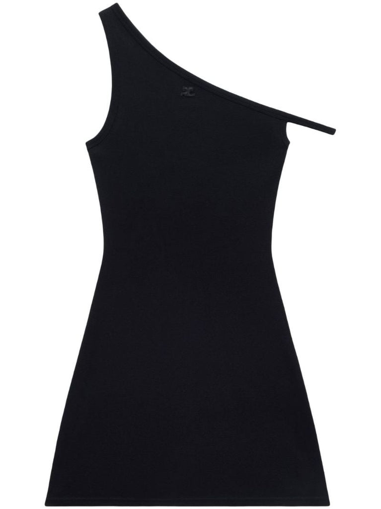 Black Bumpy Cotton Asymmetric Mini Dress