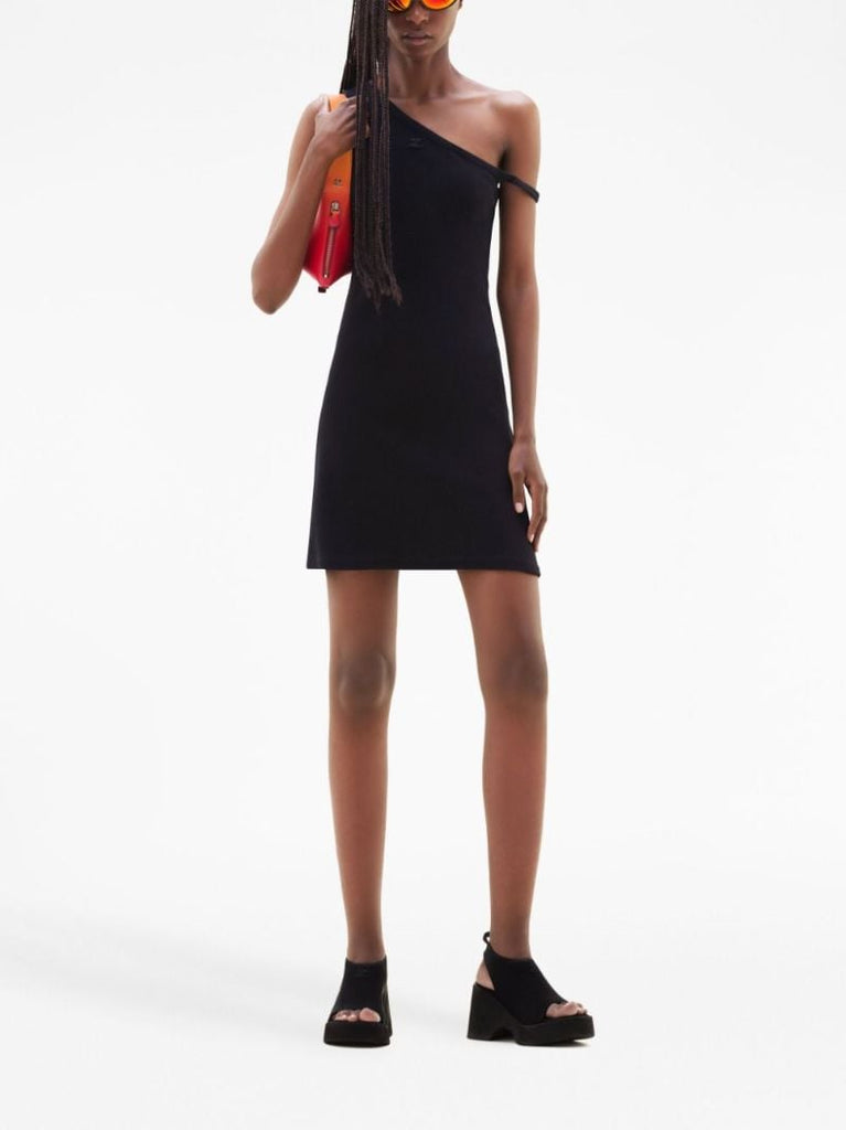 Black Bumpy Cotton Asymmetric Mini Dress