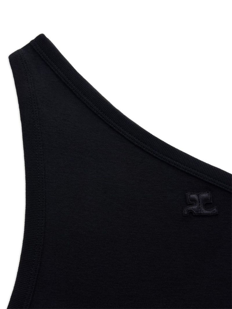 Black Bumpy Cotton Asymmetric Mini Dress