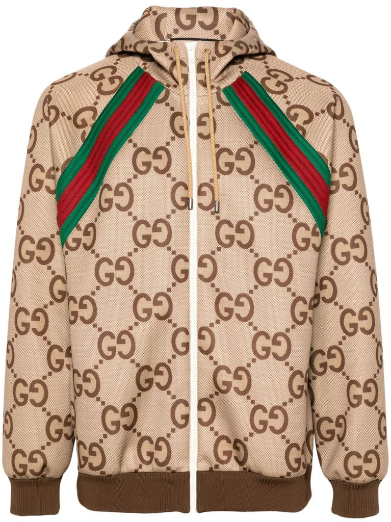 Neutral Gg Monogram Zip Hooded Jacket