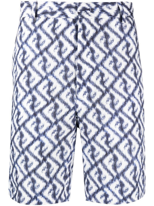 Blue Ff Print Linen Bermuda Shorts