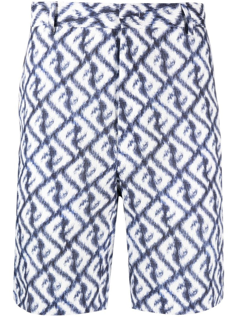 Blue Ff Print Linen Bermuda Shorts