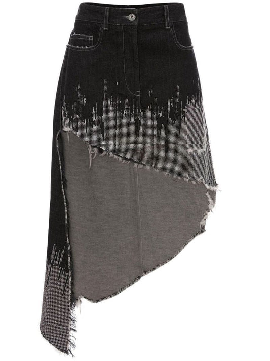 Black Studded Asymmetric Denim Skirt