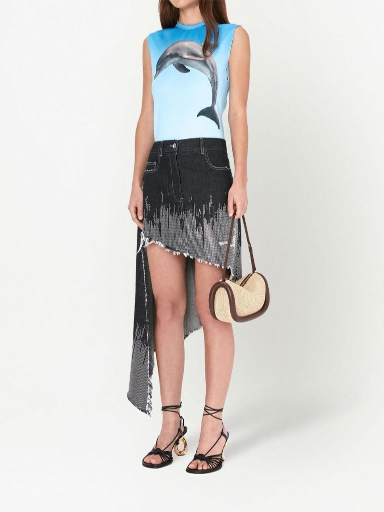 Black Studded Asymmetric Denim Skirt