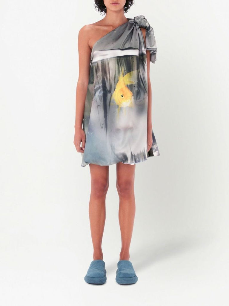 Grey Goldfish Print One-shoulder Dress