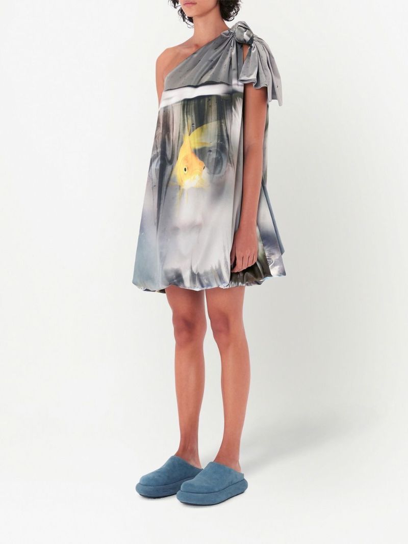 Grey Goldfish Print One-shoulder Dress
