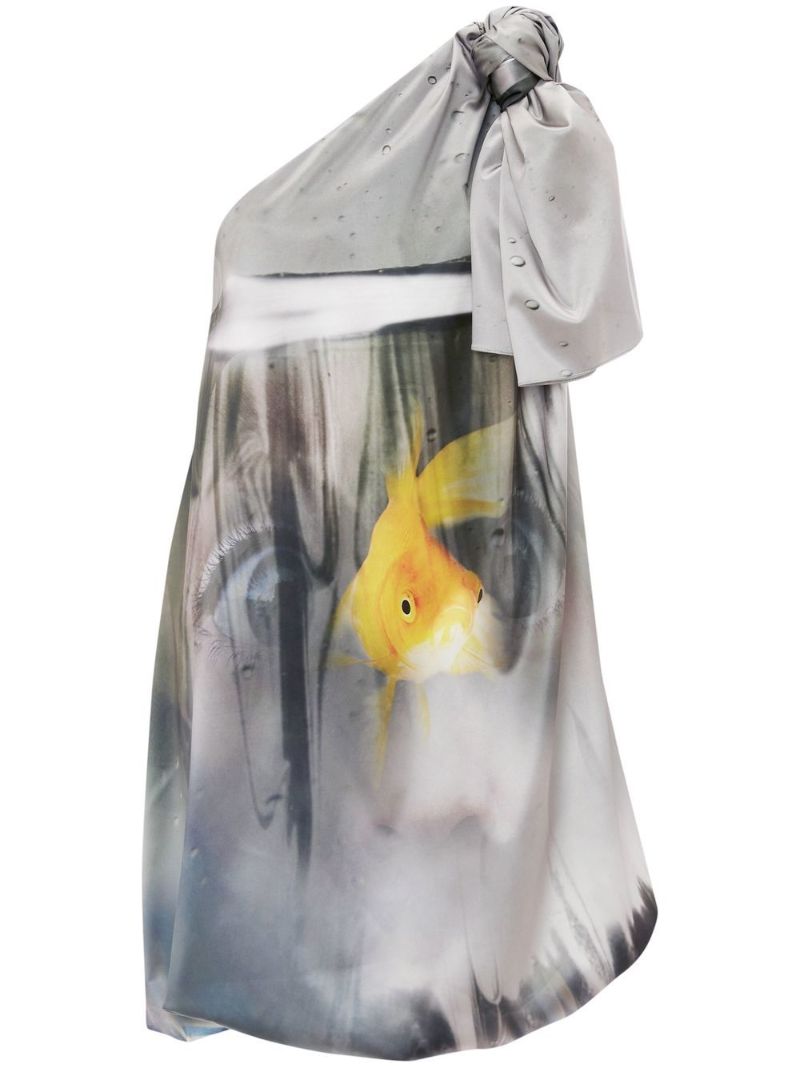 Grey Goldfish Print One-shoulder Dress