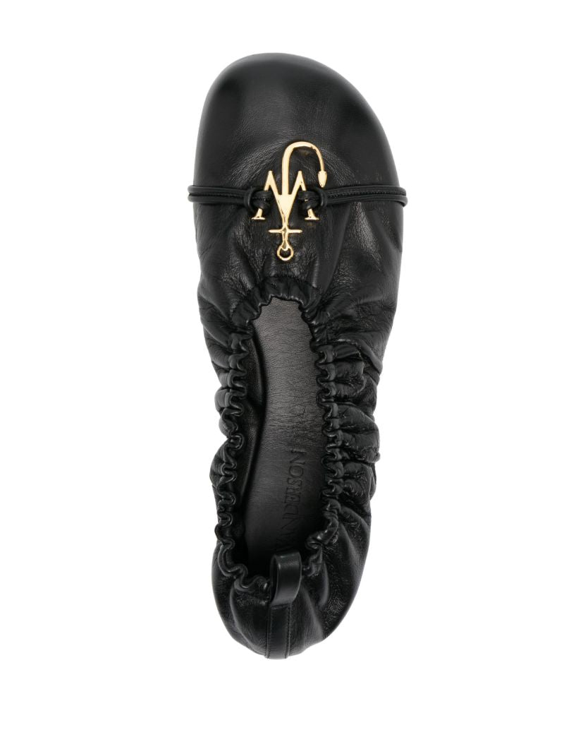 Black Anchor Leather Ballerina Shoes