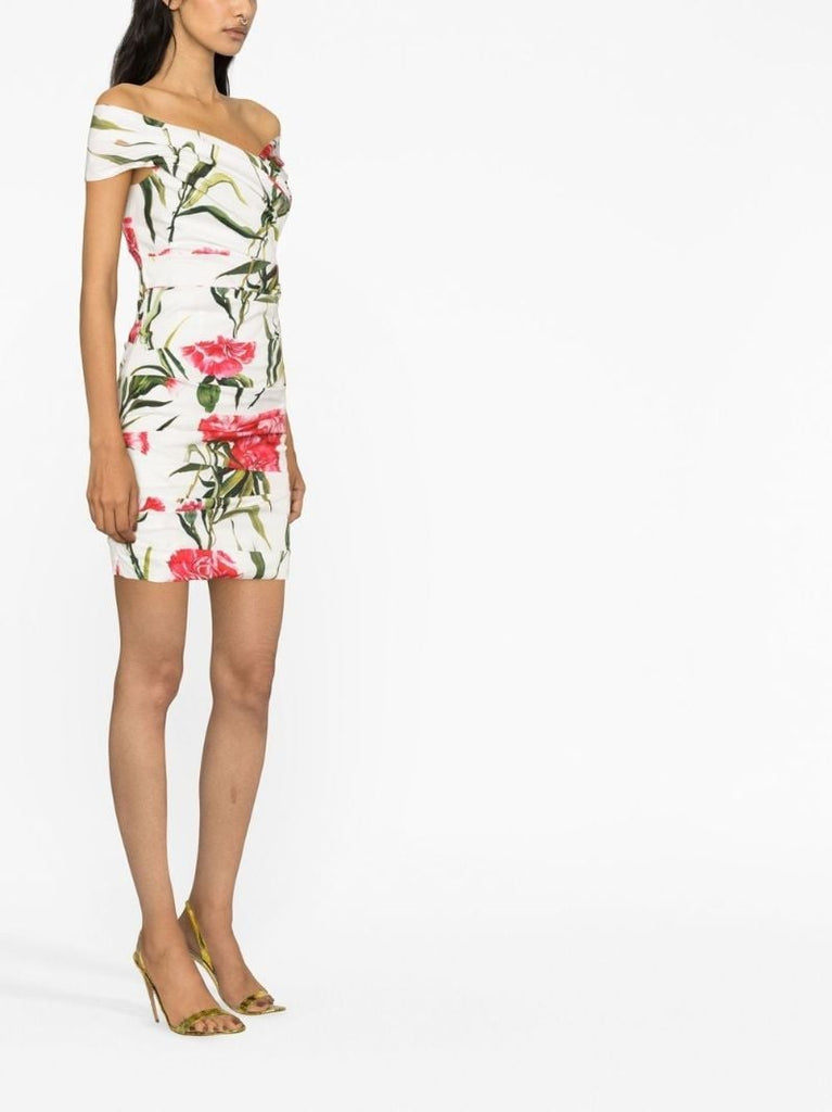 White Floral Print Off-shoulder Mini Dress