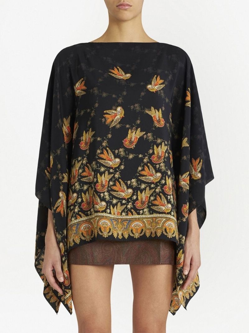 Black Bird Print Draped Silk Top