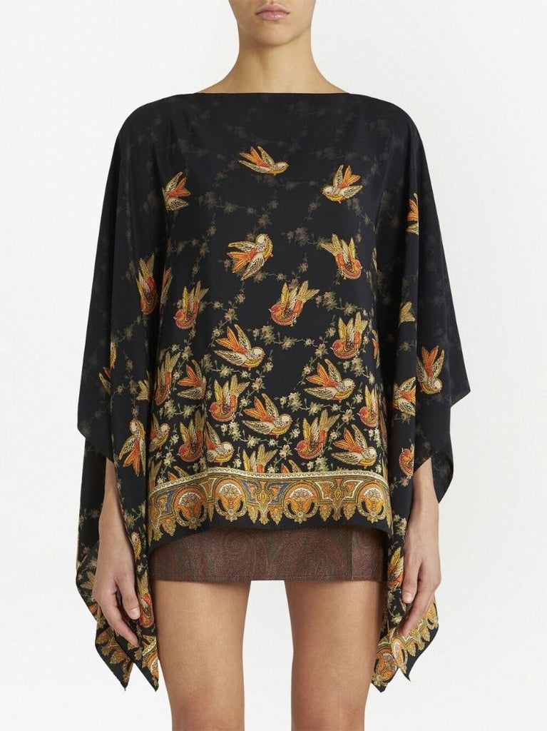 Black Bird Print Draped Silk Top