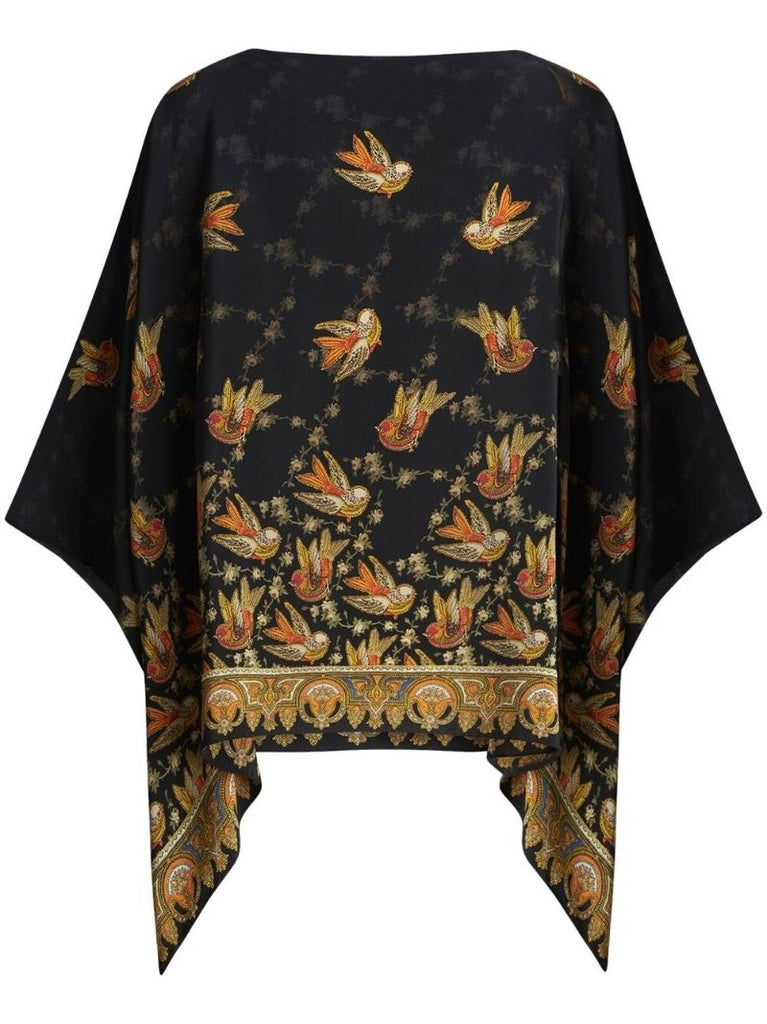 Black Bird Print Draped Silk Top