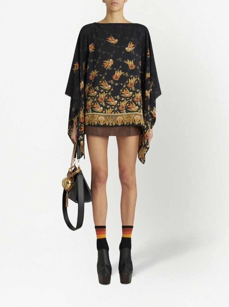 Black Bird Print Draped Silk Top