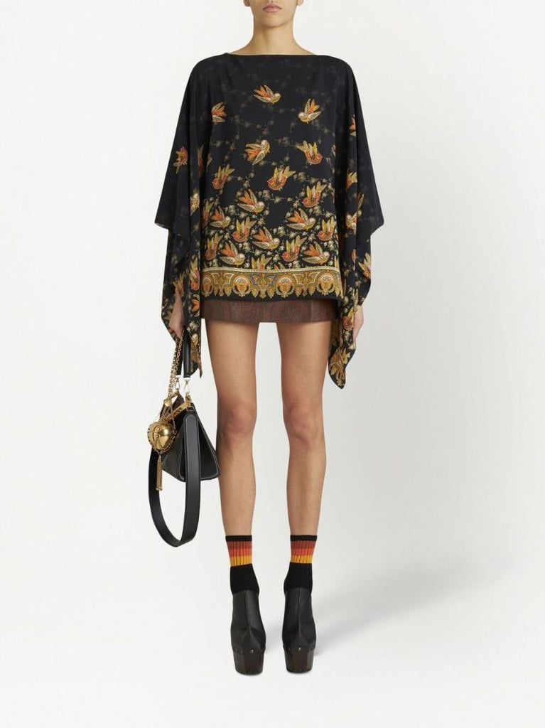 Black Bird Print Draped Silk Top