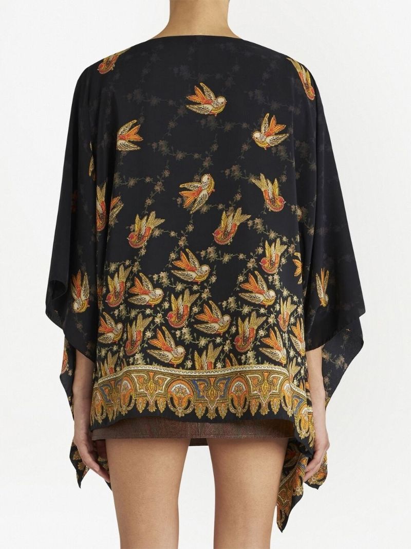 Black Bird Print Draped Silk Top