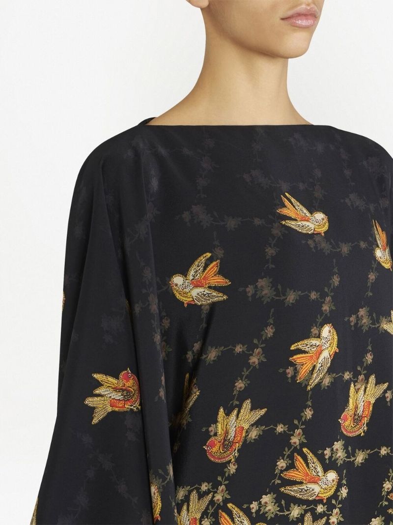 Black Bird Print Draped Silk Top