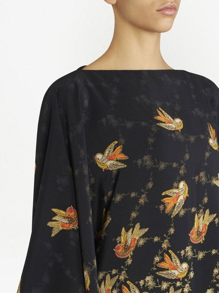 Black Bird Print Draped Silk Top