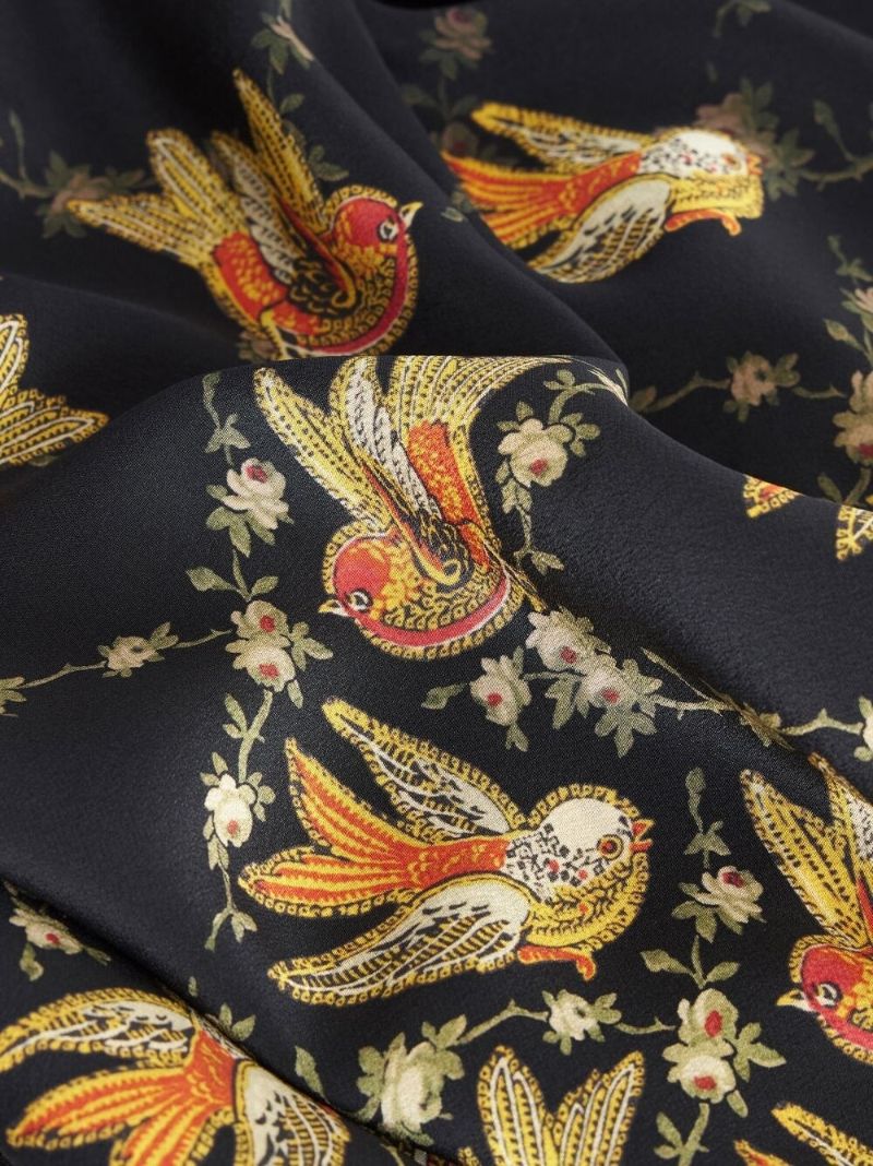 Black Bird Print Draped Silk Top
