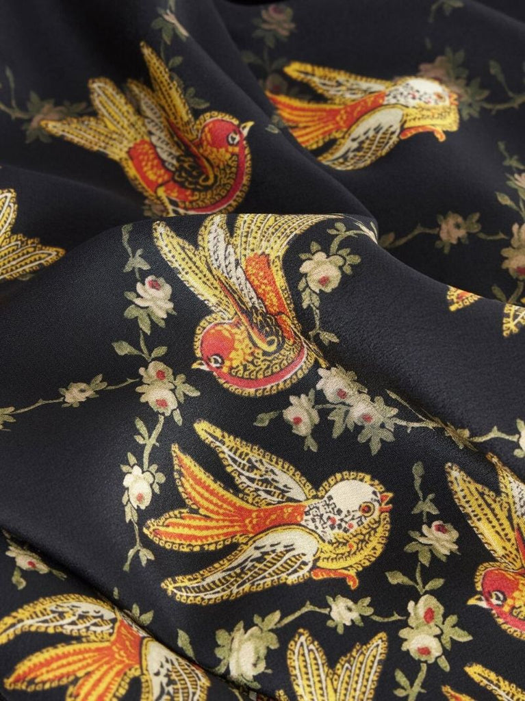 Black Bird Print Draped Silk Top