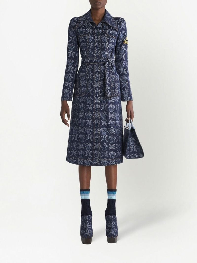 Blue Floral Jacquard Belted Midi Dress