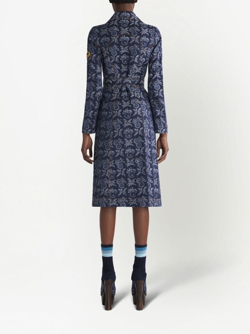 Blue Floral Jacquard Belted Midi Dress