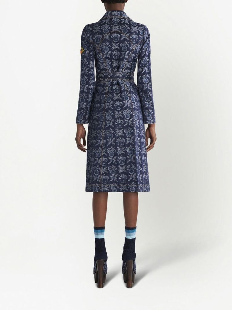 Blue Floral Jacquard Belted Midi Dress