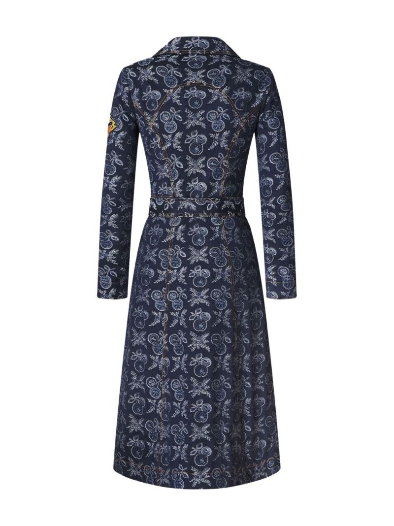 Blue Floral Jacquard Belted Midi Dress