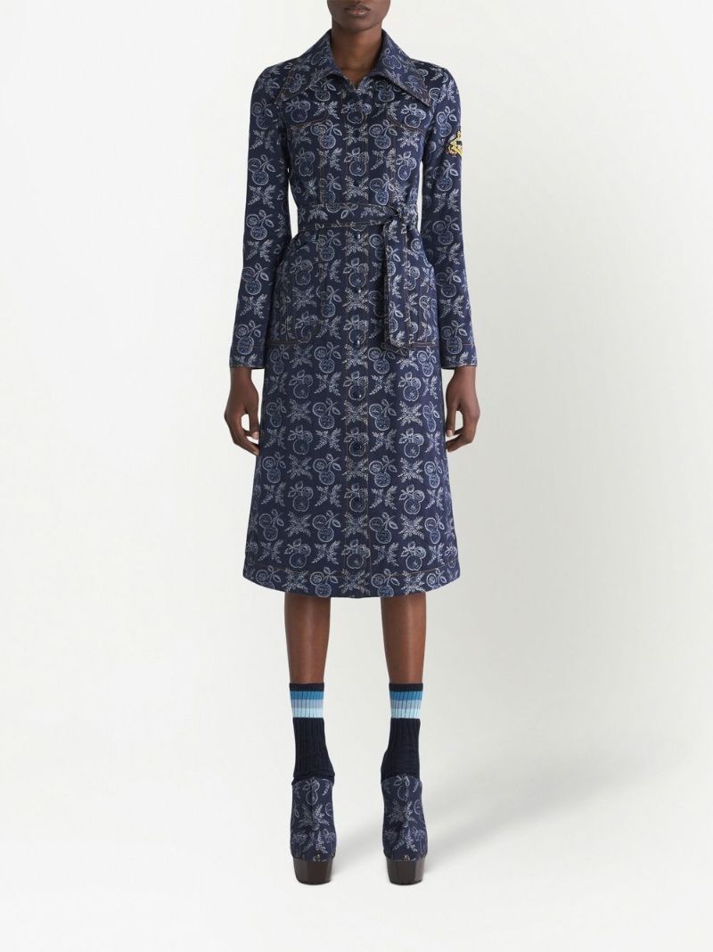 Blue Floral Jacquard Belted Midi Dress