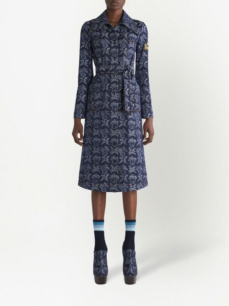 Blue Floral Jacquard Belted Midi Dress