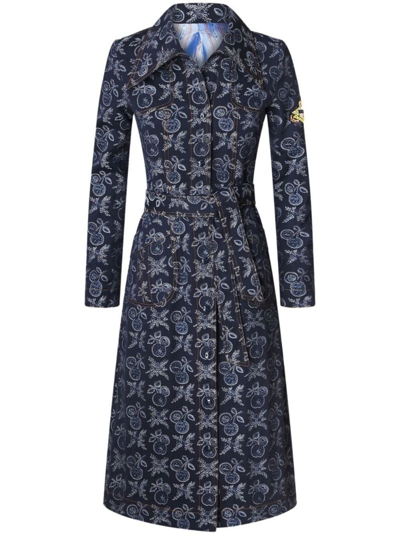 Blue Floral Jacquard Belted Midi Dress