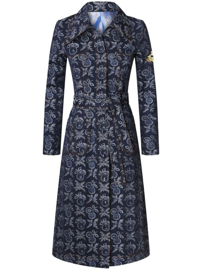 Blue Floral Jacquard Belted Midi Dress