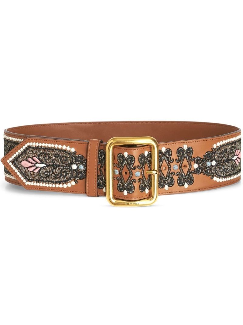 Brown Embroidered Leather Belt