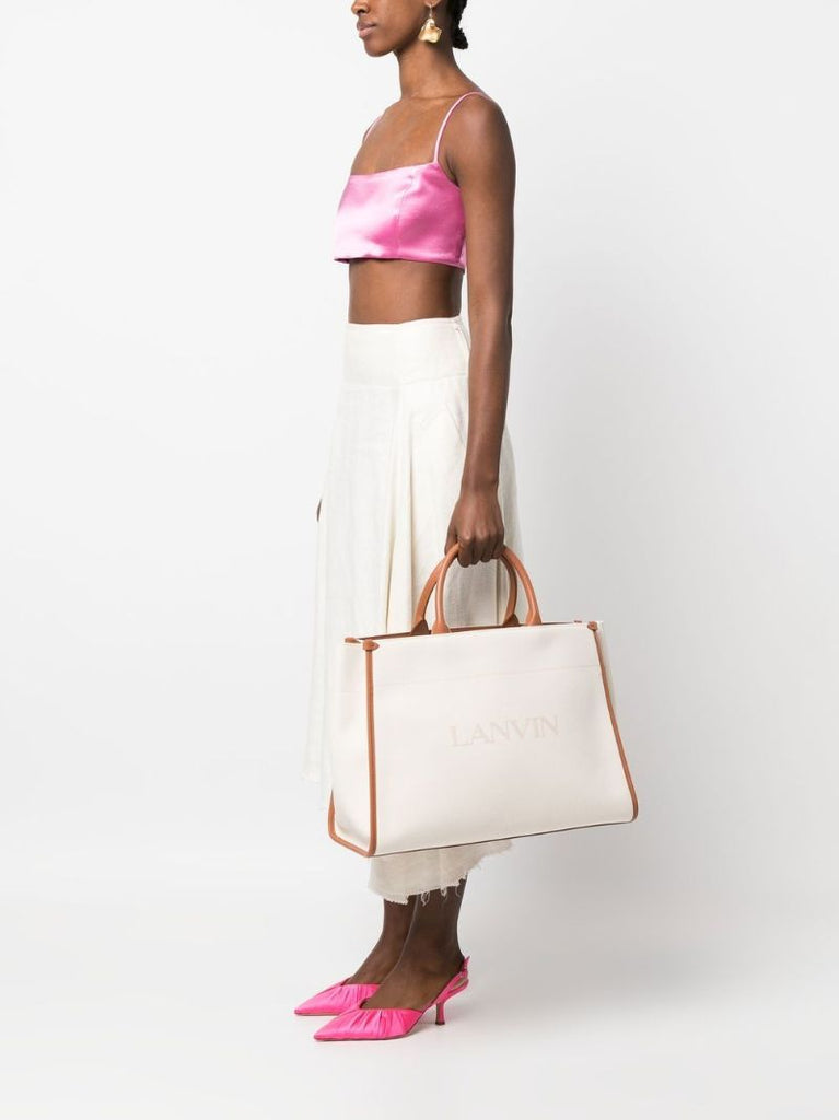 Neutral Logo Print Leather Tote Bag