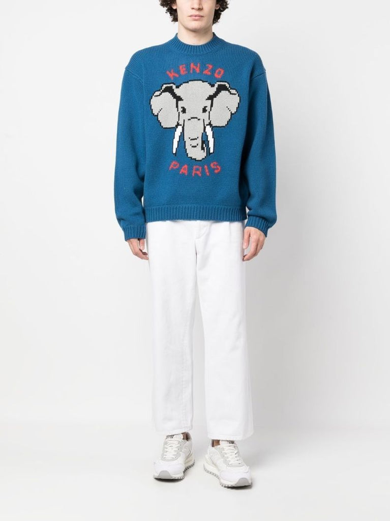 Blue Intarsia-knit Long Sleeve Jumper