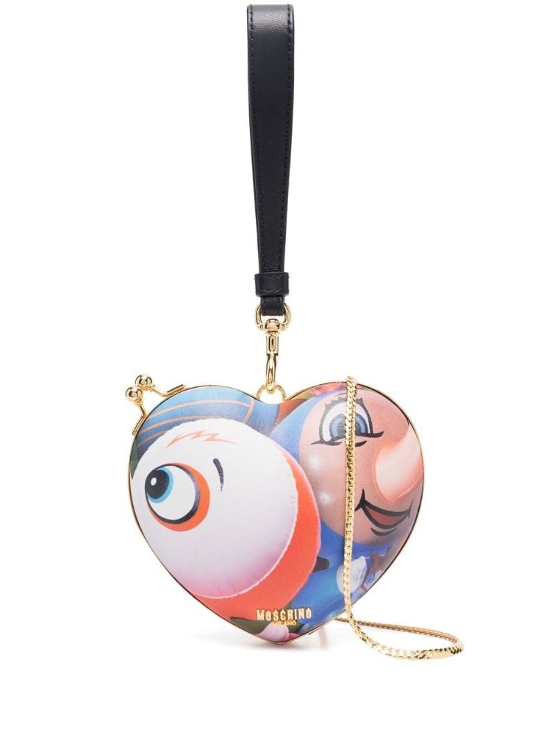 Multicoloured Cartoon Print Heart Leather Clutch Bag