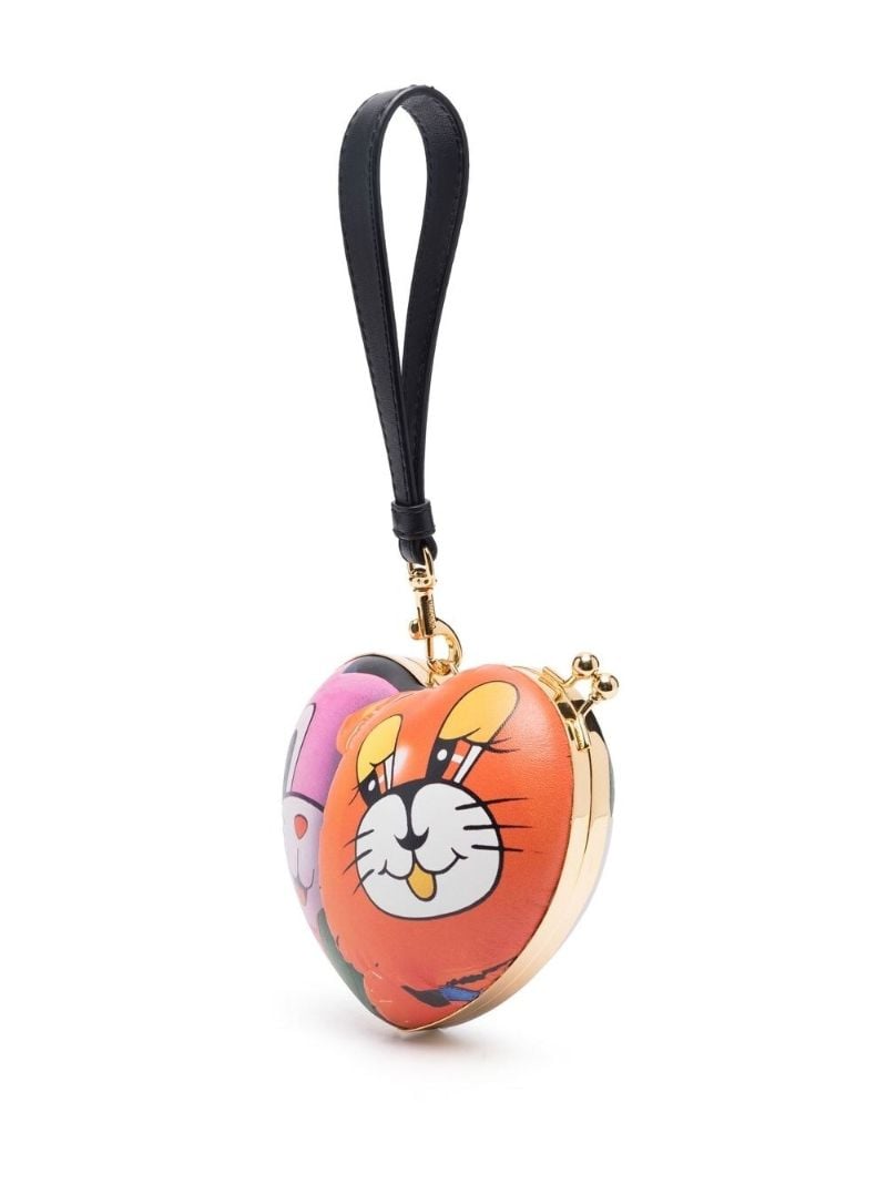 Multicoloured Cartoon Print Heart Leather Clutch Bag