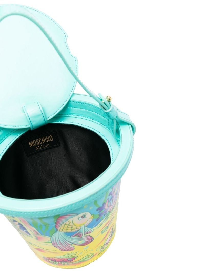 Blue Graphic Print Leather Bucket Bag