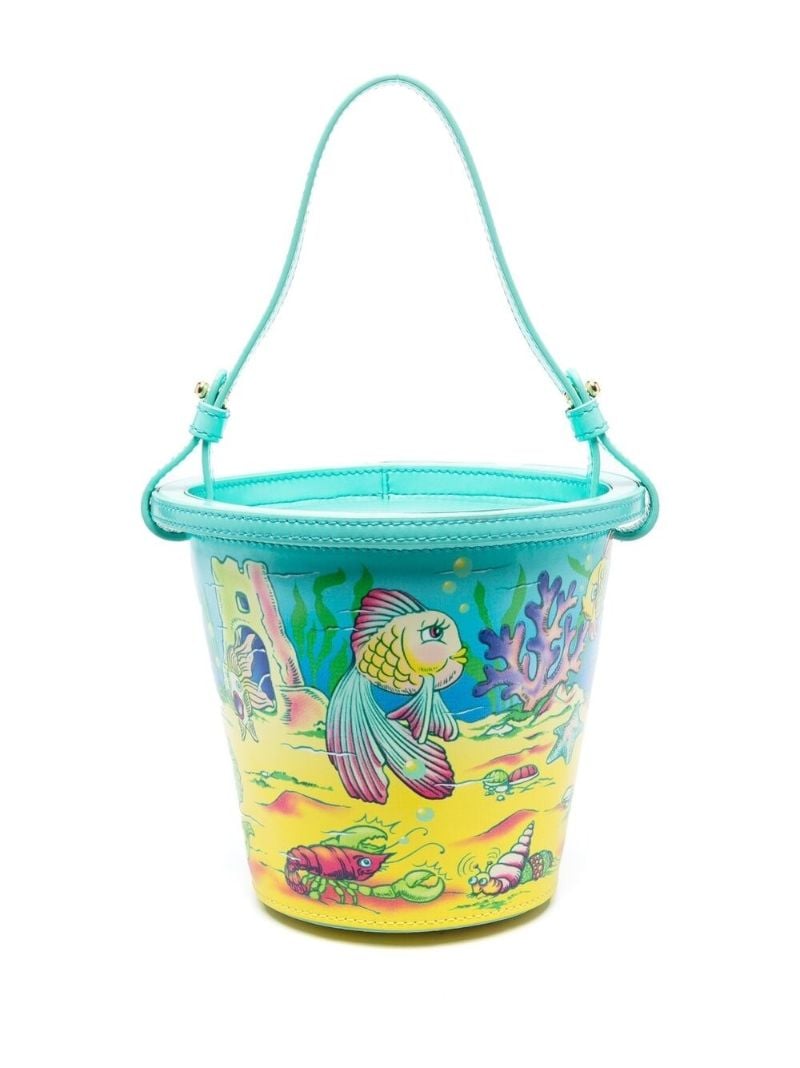 Blue Graphic Print Leather Bucket Bag