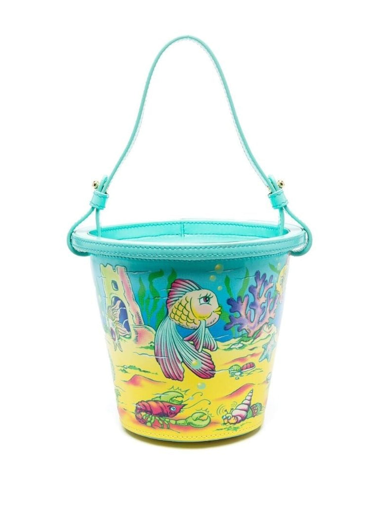 Blue Graphic Print Leather Bucket Bag