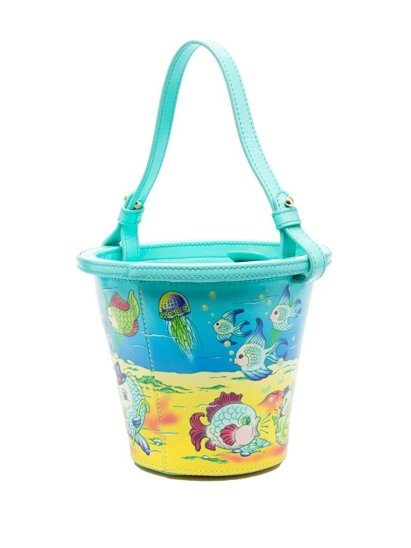 Blue Graphic Print Leather Bucket Bag